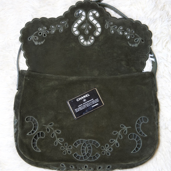 Chanel Green Khaki Floral Suede Messenger Bag - Picture 2 of 3